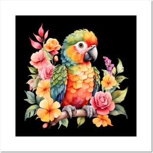 A parrot decorated with beautiful watercolor flowers Posters and Art